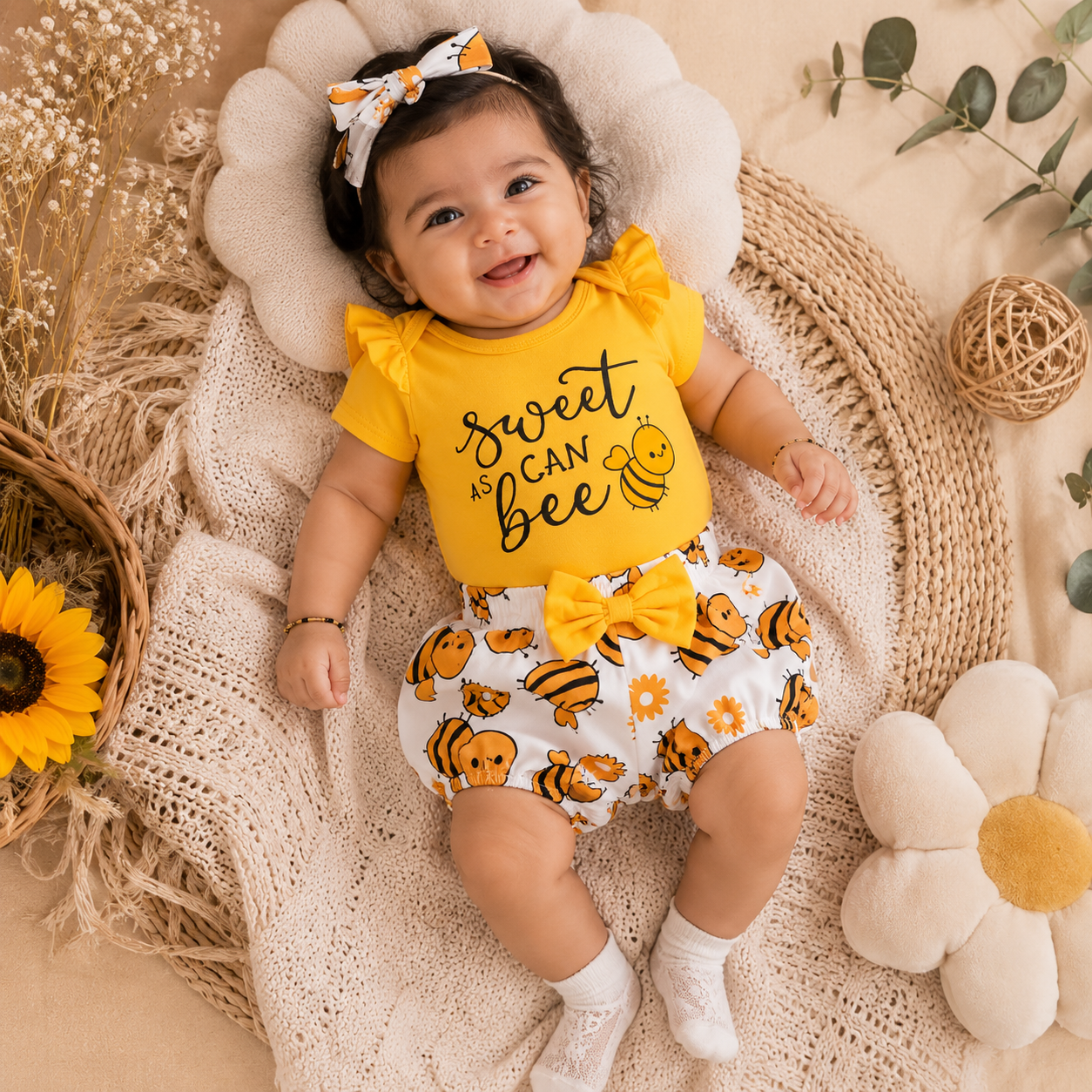 Sweet As Can Bee Baby Girl Shorts Set | Minilova