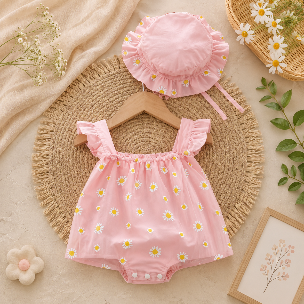 Sunny Daisy Baby Girl Romper Dress with Hat | Minilova