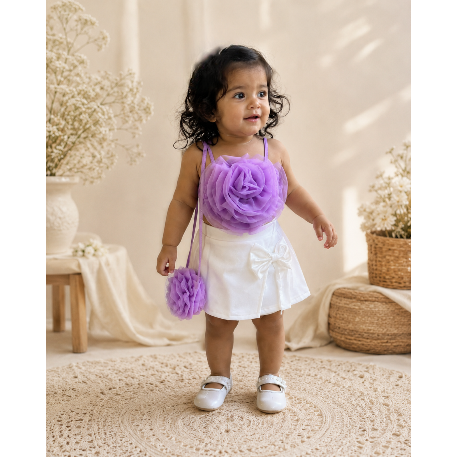 Flower Bloom Girls Top & Skirt Set with Sling Bag | Minilova